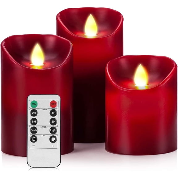 XIMEI Flameless LED 4/5/6-Inch Drip-Less Wax Pillar Candles, Real Wax & Real Flickering Motion, with Remote & 24H Timer, Burgundy, Set of 3