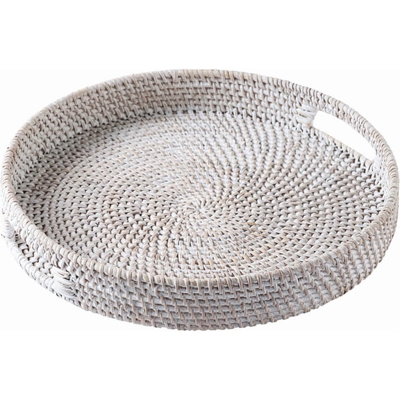 XIMEI Handmade Round Wicker Tray 12", Whitewashed Decorative Rattan Serving Basket for Coffee Table/Ottoman/Kitchen Counter, Boho Woven Home Decor