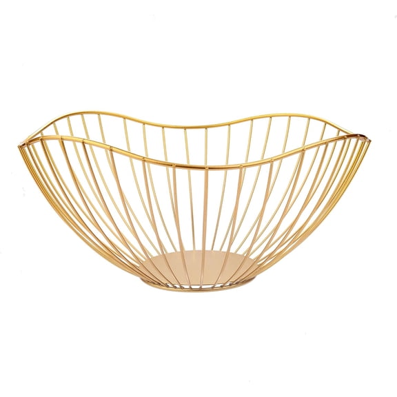 XIMEI High Style Curved-Edge Modern Single Tier Dish, Metal Iron Wire Fruit/Vegetables/Bread Decorative Stand Serving Bowl Basket Holder, Gold