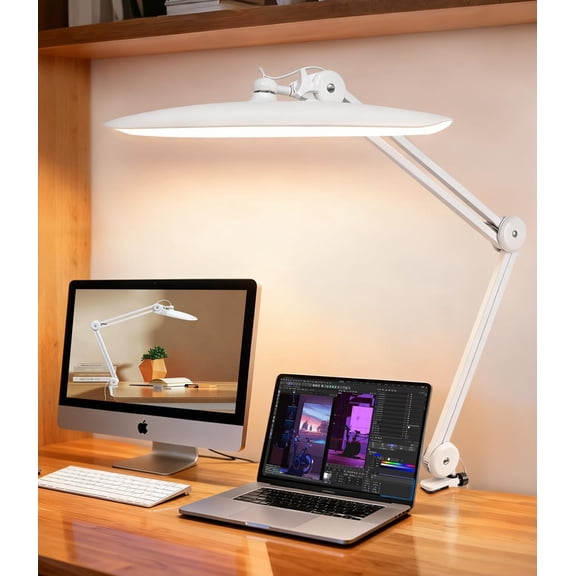 XIMEI LED Desk Lamp with Clamp, Eye-Caring Architect Desk Light for Home Office, Dual Screen Monitor Gooseneck Adjustable Arm 20", Stepless Dimming, for Nails/Salon/Reading/Workbench