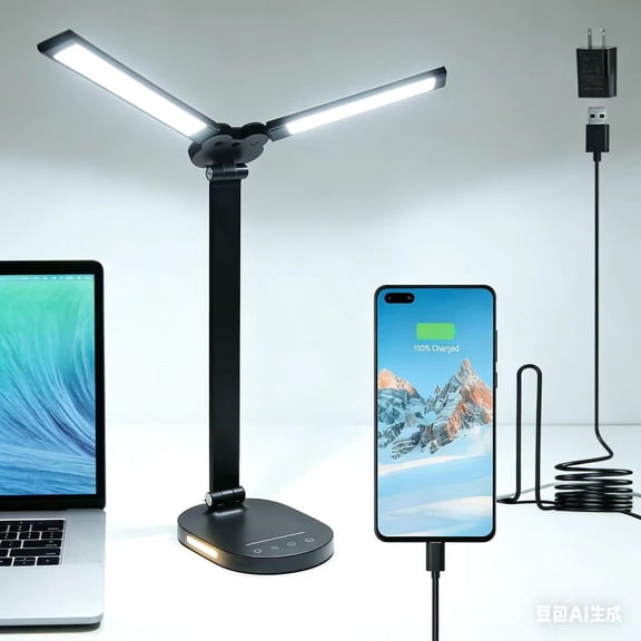 XIMEI LED Desk Lamp for Home Office, 14W Bright Double Swing Arm with USB Charging Port, Eye-Caring Task Lamp with Night Light, for Bedroom/Study/Craft