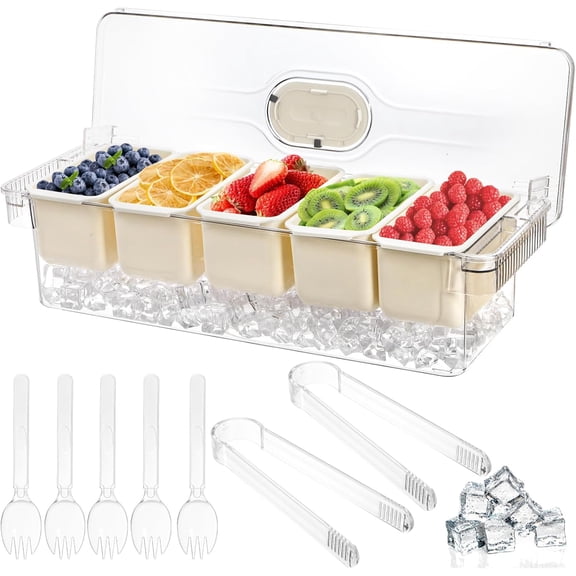 XIMEI Large Ice Chilled Condiment Server with Lid, 5-Compartment Condiment Caddy, Taco Bar Serving Tray, Garnish Holder for Bartenders, Includes 2 Tongs & 5 Forks