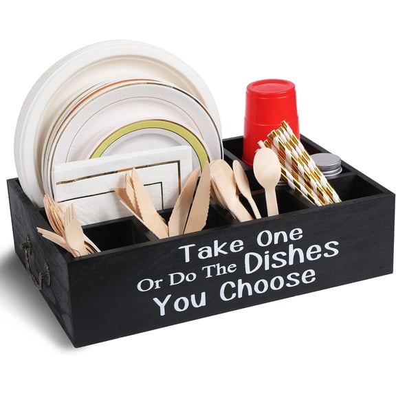 XIMEI Large Paper Plate Holder Utensil Caddy Organizer for Countertop, Kitchen Silverware Caddy for Cups/Forks/Spoons/Plates/Napkins, Wood, for Party/Picnic