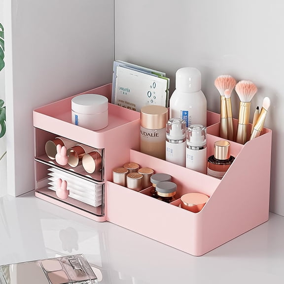 XIMEI Makeup Organizer with Drawers, Cosmetic Storage for Dresser/Vanity/Bathroom Countertop, Toothpaste Holder, for Kids/Family, Pink