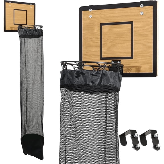 XIMEI Over the Door Basketball Hoop Laundry Basket, Wooden Basketball Laundry Hamper with Zipper for Kids Room/Dorm/Bathroom, Space Saving Storage