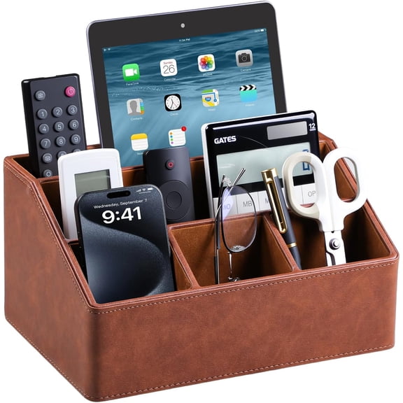 XIMEI PU Leather Desk Organizer Remote Control Holder, 5-Compartment Nightstand Caddy with Velvet Lining, Brown
