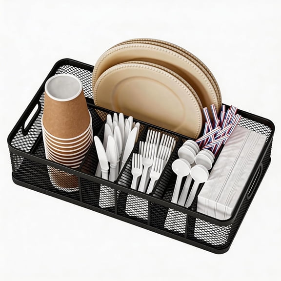 XIMEI Paper Plate Organizer & Utensil Caddy for Countertop with Handle, 6-Compartment Paper Plate Holder & Silverware Tray, for Party/Camping/Picnic