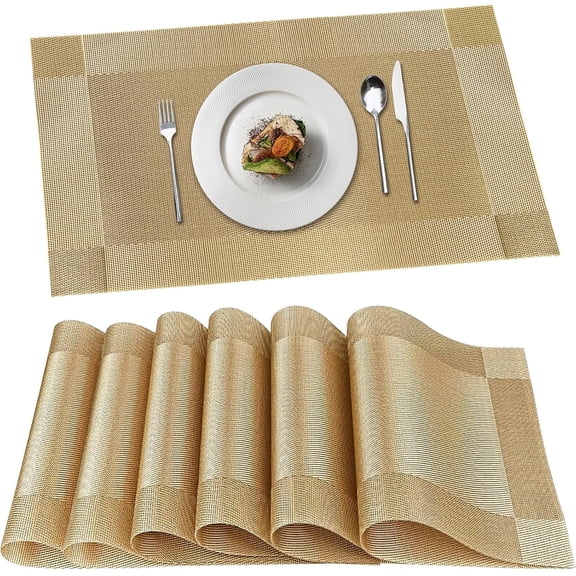 XIMEI Placemats Set of 6, Table Place Mats for Kitchen Dining, Heat-Resistant Anti-Skid Stain Washable PVC Table Mats, Easy Clean Woven Vinyl Dinner Mats, Gold