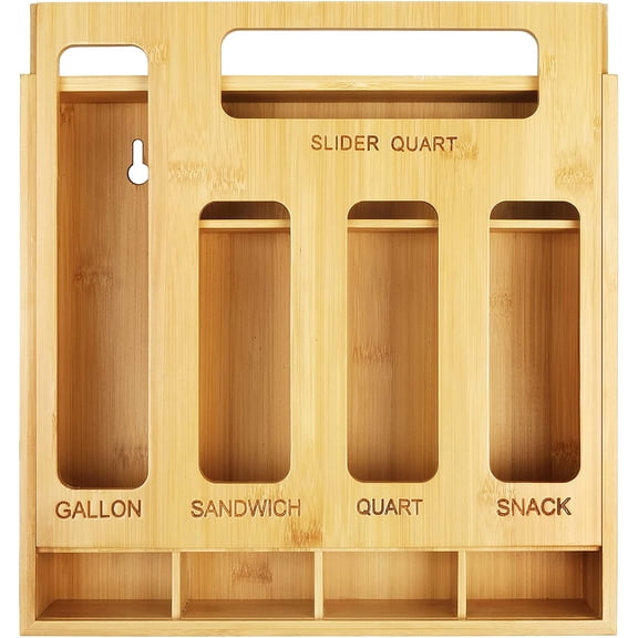 XIMEI Plastic Bag Organizer for Drawer, Bamboo Food Storage Bags Container Organizer with Slider, Compatible with Gallon/Sandwich Variety Size Bags