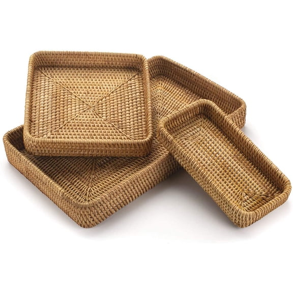 XIMEI Rattan Serving Tray Set of 3, Rectangular Woven Tray, Natural Wicker Decorative Tray for Coffee Table/Vanity/Bathroom/Kitchen, S/M/L Sizes