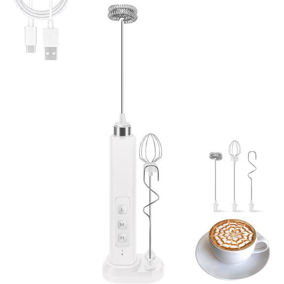 XIMEI Rechargeable Milk Frother Handheld with 3 Detachable Stainless Whisks, 3 Speed Adjustable, Mini Frother Wand for Coffee/Matcha/Protein Shakes, with Charging Base & Storage