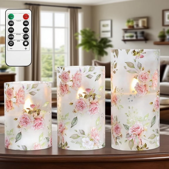 XIMEI Rose Flameless Candles Love Theme, Battery Operated Glass Flickering LED Candle with Remote, Pink Flower Decal, Realistic Pillar for Bedroom/Home/Table Decor
