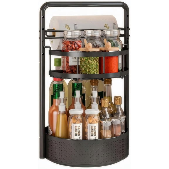XIMEI Rotating Spice Rack with Paper Towel Holder, 2-Tier Lazy Susan for Spices, Sturdy Iron Seasoning Organizer for Kitchen Countertop, Black