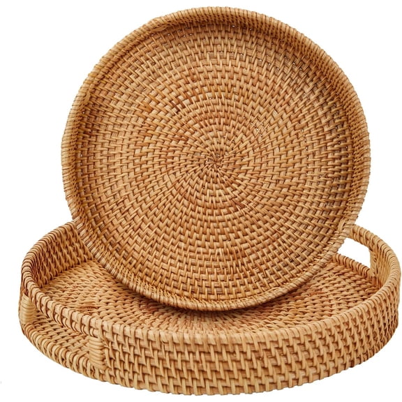 XIMEI Round Rattan Serving Tray with Handles 2-Pack, Hand Woven Basket Home Decor Organizer for Breakfast/Tea/Snack/Fruit/Coffee, Large + Medium