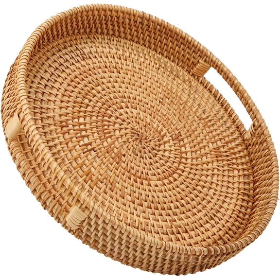 XIMEI Round Rattan Serving Tray with Handles, Hand Woven Basket Home Decor Organizer for Breakfast/Tea/Snack/Fruit/Coffee, Large (14.17")