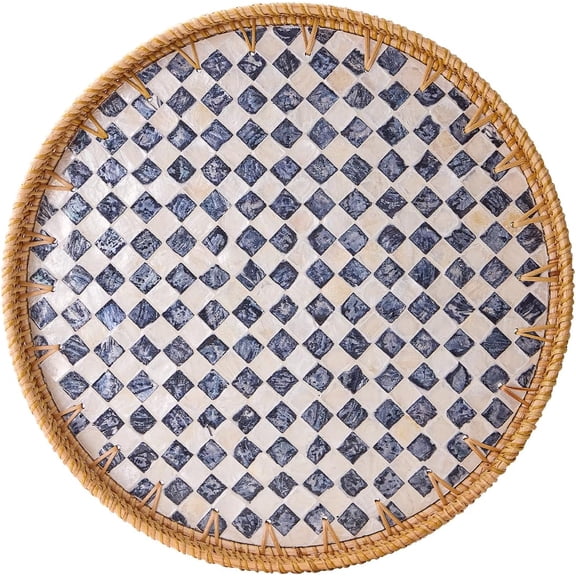 XIMEI Round Rattan Tray with Mother of Pearl Inlay, Wooden Base Serving Tray, Decorative Wicker Basket for Table Decor/Storage, Checkerboard 11.8"