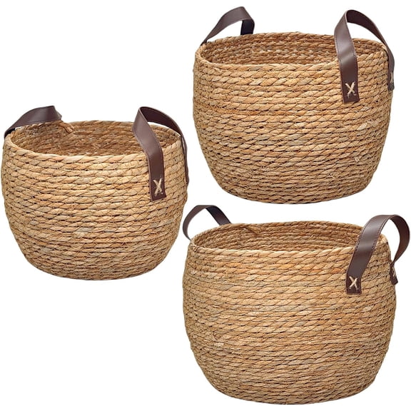 XIMEI Round Wicker Woven Seagrass Storage Baskets with Leather Handles, Set of 3, Natural Decorative Braided Rope Baskets for Shelves/Blankets, Sizes 13", 12" & 11"