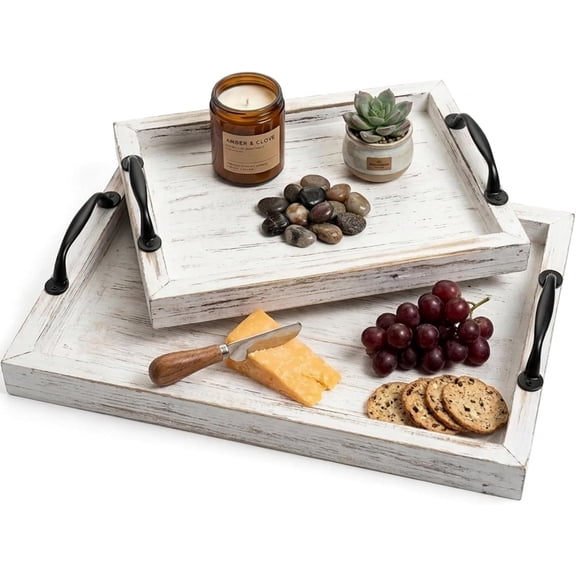 XIMEI Rustic Serving Tray Set with Handles, 2 Nesting Wooden Trays for Coffee Table/Ottoman/Serving Food, Farmhouse Decor, Distressed White Finish