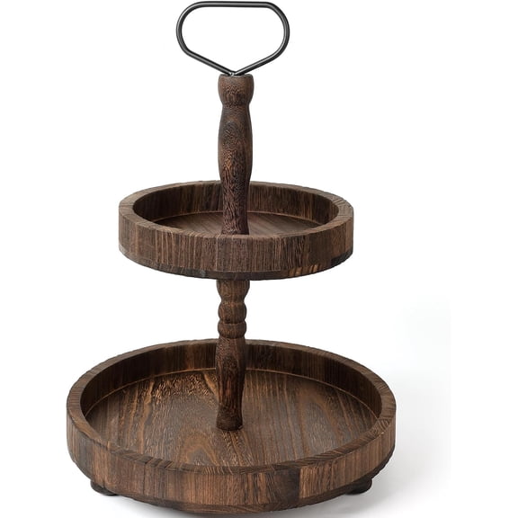 XIMEI Rustic Wooden Tiered Tray, 18.5"x12.5" 2-Tier Farmhouse Decor Cupcake Stand, Round Serving Tray for Home/Kitchen/Shelf/Dining Table, Seasonal/Holiday Decor