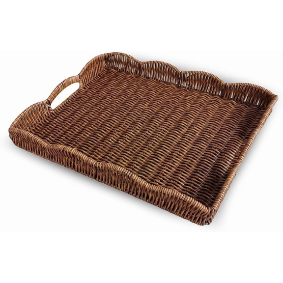 XIMEI Serving Tray with Scalloped Edge, Rectangular Wicker Tray with Handles, for Breakfast/Meals in Bed/Sofa, Decorative Coffee Table Tray, Coffee Brown