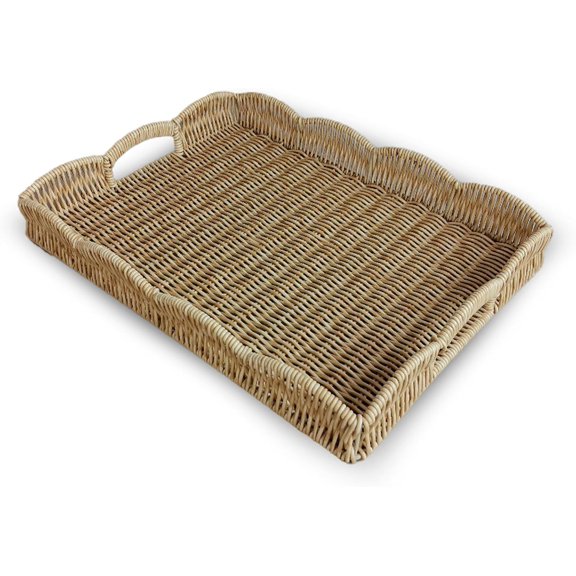 XIMEI Serving Tray with Scalloped Edge, Rectangular Wicker Tray with Handles, for Breakfast/Meals in Bed/Sofa, Decorative Coffee Table Tray, Beige