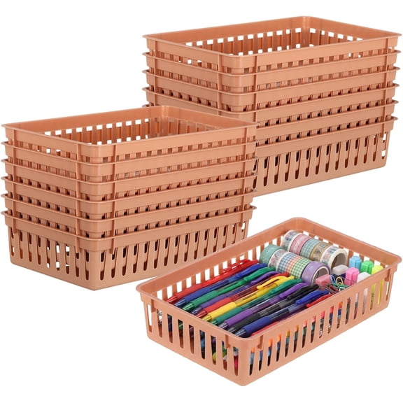 XIMEI Set of 12 Small Plastic Baskets for Organizing, 10.24" x 6.5" x 2.36", Rectangular Trays for Office/Pharmacy/Dorm/Kitchens/Closets/Shelves, Brown