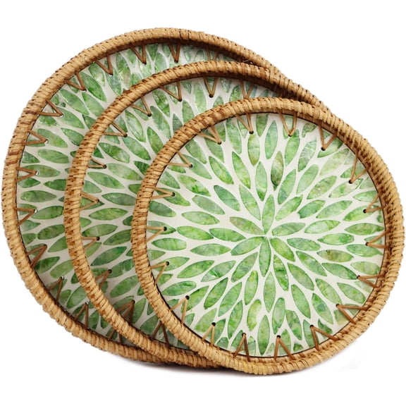 XIMEI Set of 3 Rattan Tray with Mother of Pearl Inlay, Round Serving Trays for Coffee Table, Decorative Wicker Ottoman Tray for Home/Kitchen/Coffee/Bread/Fruits