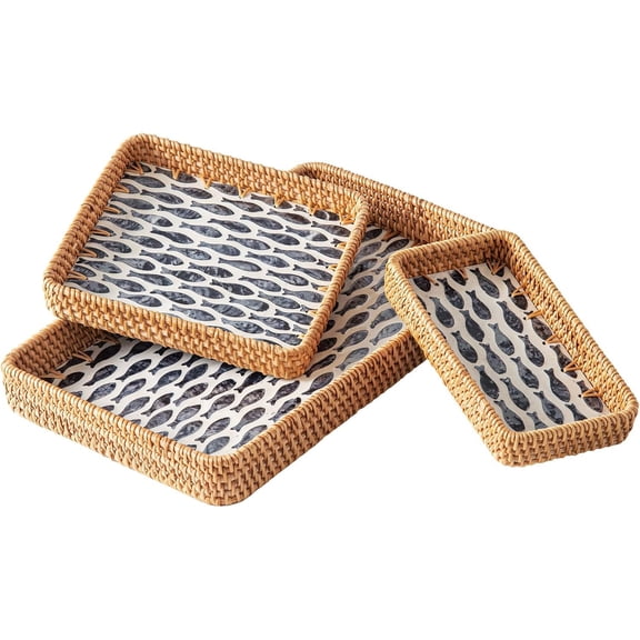 XIMEI Set of 3 Rectangle Rattan Trays for Decor, Coastal Wicker Serving Tray with Mother of Pearl Inlay, Boho Decorative Trays for Bathroom/Kitchen/Entryway