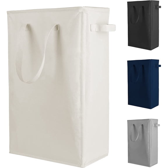 XIMEI Slim Laundry Hamper with Handles, 45L Collapsible Laundry Basket, Narrow Dirty Clothes Basket Foldable Hamper, Beige