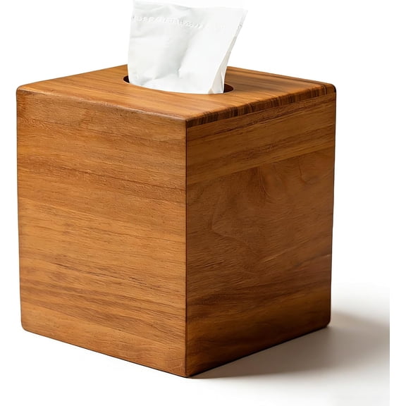 XIMEI Square Teak Wood Tissue Box Cover with Slide-Out Bottom, Wooden Cube for Bathroom/Bedroom/Dinner Table, 5.5" x 5.5" x 6.1"