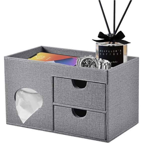 XIMEI Square Tissue Box Cover with Drawers, Tissue Holder with Storage Tray, Makeup Organizer & Desk Organizer, for Bathroom Vanity/Nightstand/Dressing Table, Grey