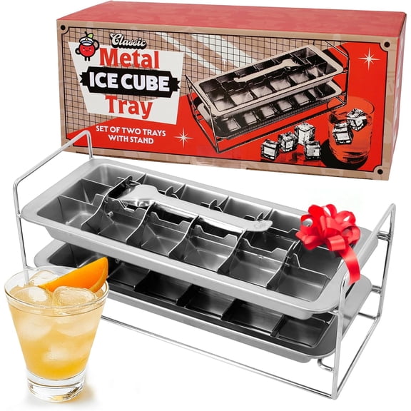 XIMEI Stainless Steel Double Ice Cube Tray with Lever & Stand, 11" 36-Cube Metal Tray for Freezer, Non-Toxic Plastic Free Dishwasher Safe