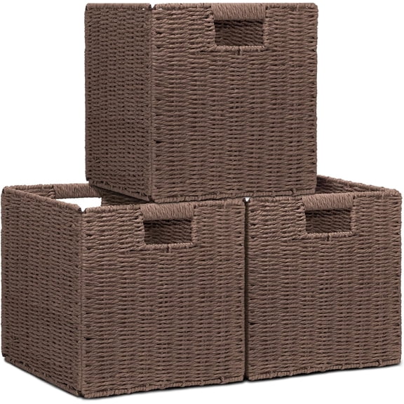 XIMEI Wicker Storage Baskets for Organizing, 3-Pack Rustic Foldable Square Basket for Shelves, Handwoven Cubby Organizer Bins for Home Decor, Small Cube for Closet Organization, Brown, 11"