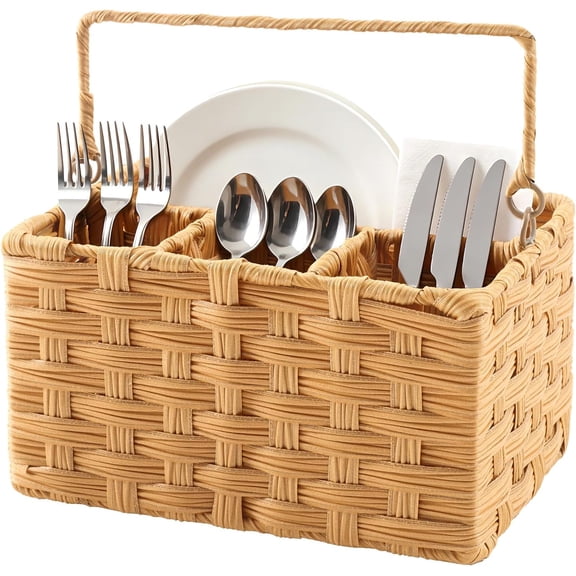 XIMEI Wicker Utensil Caddy, Tabletop Utensil & Silverware Organizer with Handle, Cutlery & Condiment Holder for Parties/Picnics/Buffets