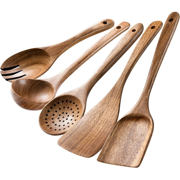 XIMEI Wooden Spoons for Cooking, 5-Piece Natural Acacia Wood Utensil Set, Non-Stick Safe, Easy-to-Clean for Cooking/Stirring/Serving