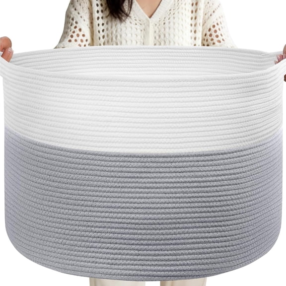 XIMEI XXL Large Laundry Basket, 90L Soft Cotton Rope Basket, Blanket Storage & Organizer, Baby Nursery Laundry Hamper, Extra Large Toys Storage Bin for Kids, 23"x13", White & Gray