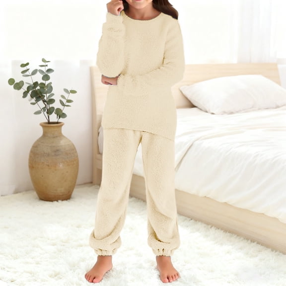XIMIN 2 Piece Fuzzy Fleece Pajamas for Kid Girls Set Solid Color Loungewear Outfits Long Sleeve Knit Sweater Wide Leg Pants Lounge Matching Set Pajama Sets