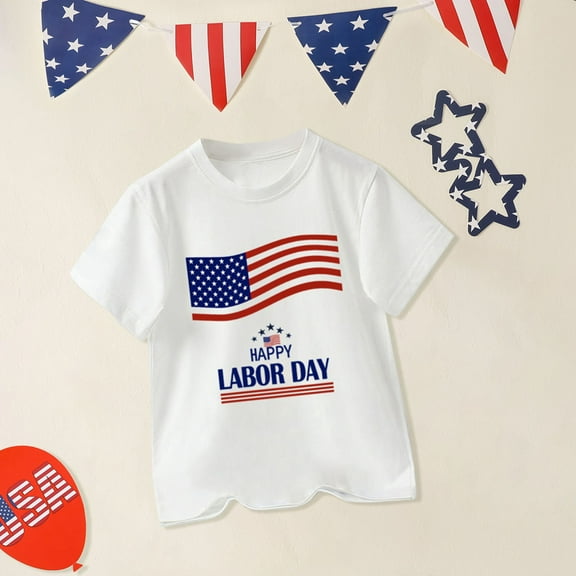 XIMIN 4th of July American Flag Happy Labor Day Short Sleeve Cotton T-Shirt Kids Funny Letters Print Patriotic Independence Day Top for Toddler Baby Boys Girls (6-7 Years, White)