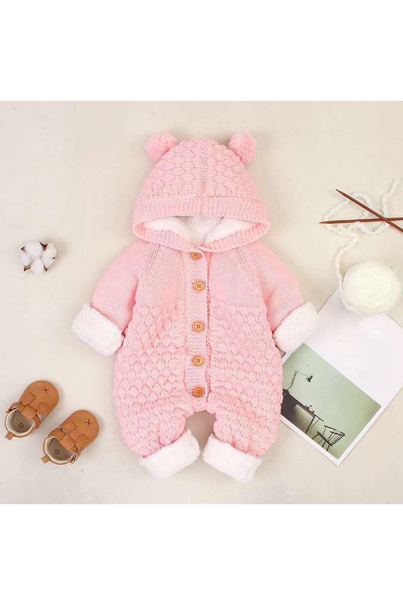 Baby Boy Girls Bear Winter Hooded Jumpsuit, Warm Knitted Sweater Romper, Long Sleeve Breasted Bodysuit Overalls