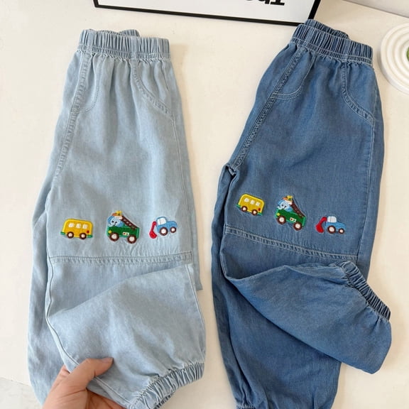 XIMIN Baby Boy Ripped Cartoon Car Graphic Hole 1 Pcs Denim Long Pants Elastic Waist Bottoms Pull On Lightweight Athletic Trousers Jean Pants Clothes Comfy Pants for Kids