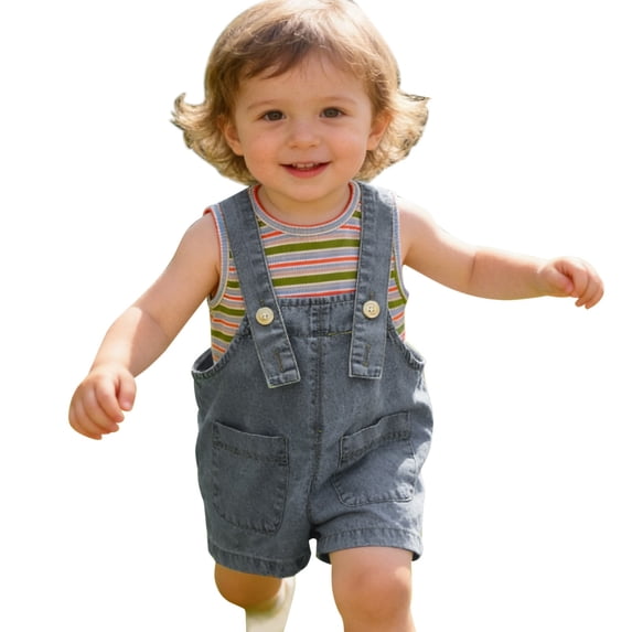 XIMIN Baby Boys Girls Denim Overall Shorts - Loose Fit Jean Overall Shorts with Pockets Denim Shortalls for Summer