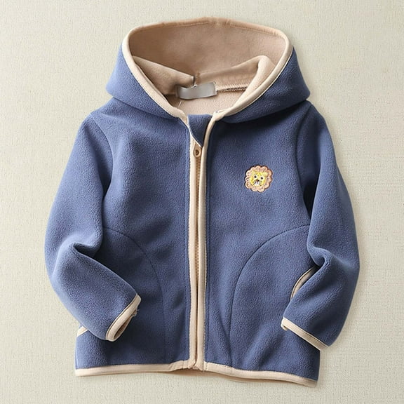 XIMIN Baby Boys Girls Round Neck Solid Color Jacket Zipper Hooded Windproof Long Sleeve Polar Fleece Cartoon Flannel Thick Warm Outerwear Coat