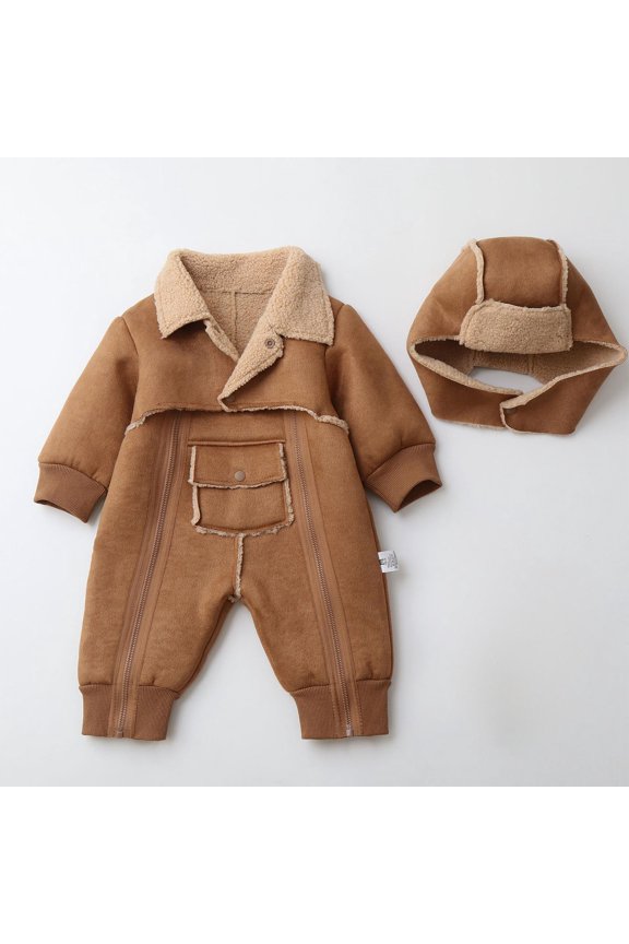 Baby Boys Girls Ski Set Furry Fleece Lined Snowsuit Winter One-Piece Jacket One Piece Windproof Waterproof Double Zipper Fleece Ski Suit Outdoor Jumpsuit Romper w/Hat