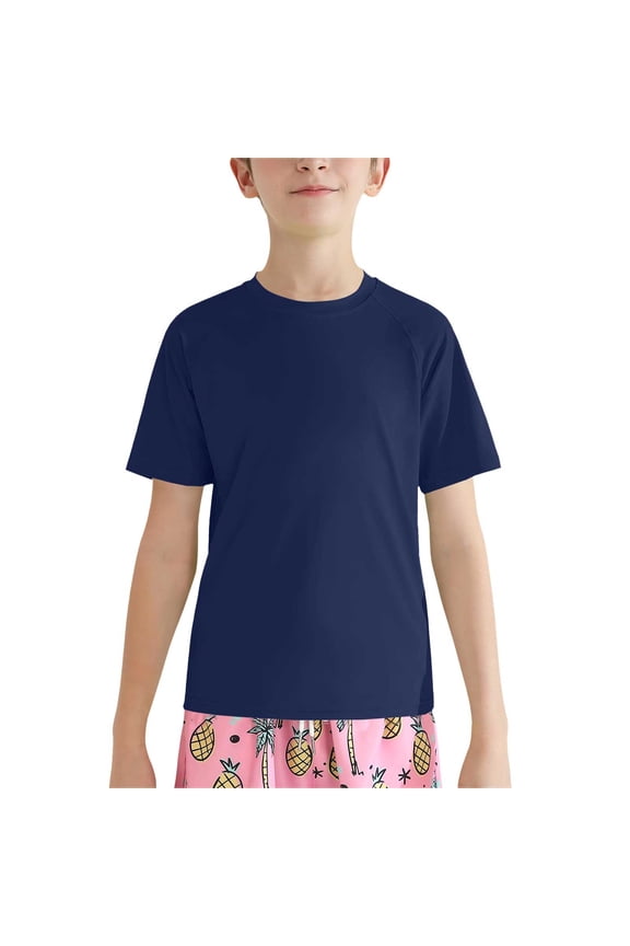 Baby Boys Rash Guard Solid Color Shirts Short Sleeve Quick Dry Swim Shirts UPF 50+ Sun Protection for Kids Athletic Summer Shirt (13-14 Years, Navy)