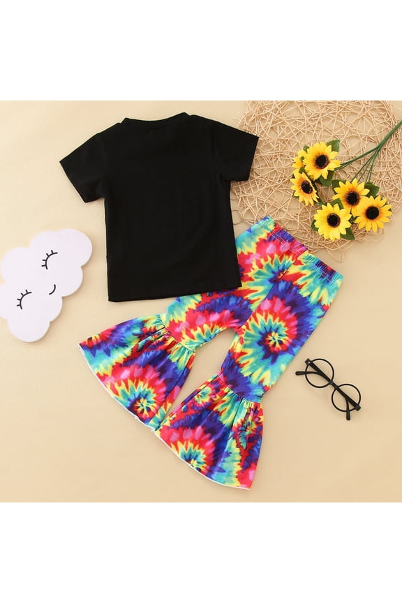 Baby Clothes Toddler Girl Sunflower Tie-Dye Design Short Sleeve Shirt with Bell Bottoms Distressed Flared Pants Set Boutique 2PCS Girl Fall Outfits