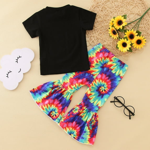 XIMIN Baby Clothes Toddler Girl Sunflower Tie-Dye Design Short Sleeve Shirt with Bell Bottoms Distressed Flared Pants Set Boutique 2PCS Girl Fall Outfits