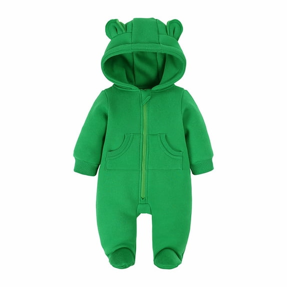 XIMIN Baby Fleece Jumpsuit, Newborn Boys Girls Fuzzy Bear Ears Hooded Outfit, Winter Warm Zip Up Snowsuit Onesie