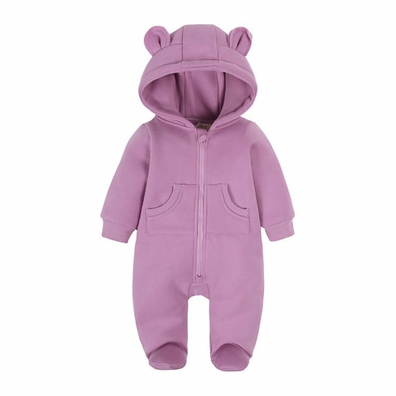 XIMIN Baby Fleece Jumpsuit, Newborn Boys Girls Fuzzy Bear Ears Hooded Outfit, Winter Warm Zip Up Snowsuit Onesie
