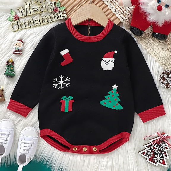 XIMIN Baby Girl Boy Santa Print Long Sleeve Bubble Knit Rompers Sweater Snap Crotch Closure Thermal Onesie Infant Christmas Fall Winter Clothes