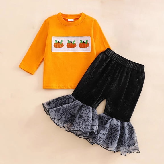 XIMIN Baby Girl Halloween Outfit Long Sleeve Letter Print Tops Sweatshirts Pumpkin Flared Pants Headband Set Bell-Bottoms Outfits Fall Clothes